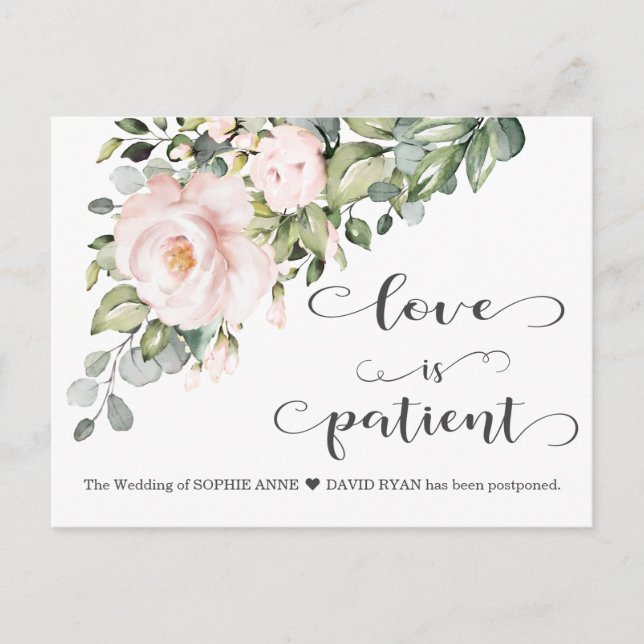 Love Is Patient Pink Flowers Wedding Postponed Postcard (Front)