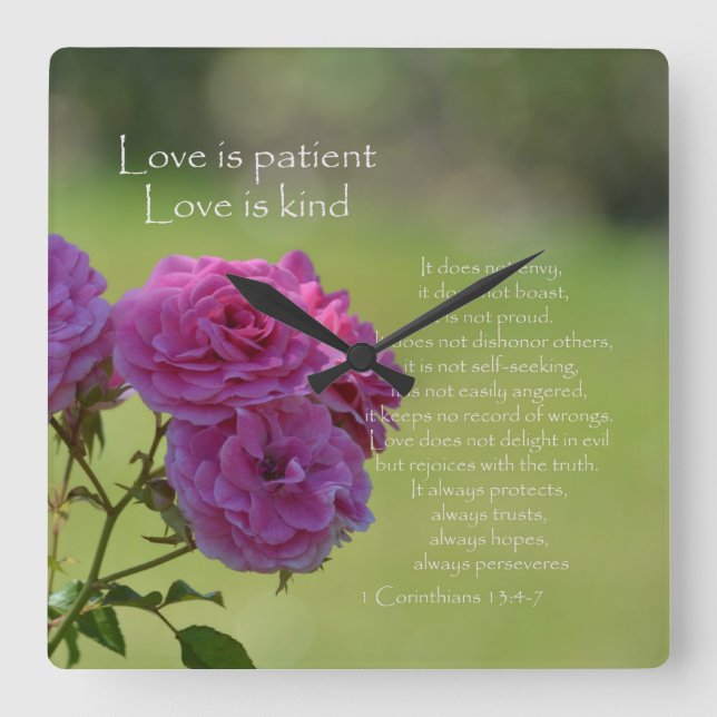 Love is Patient Roses Square Wall Clock (Front)