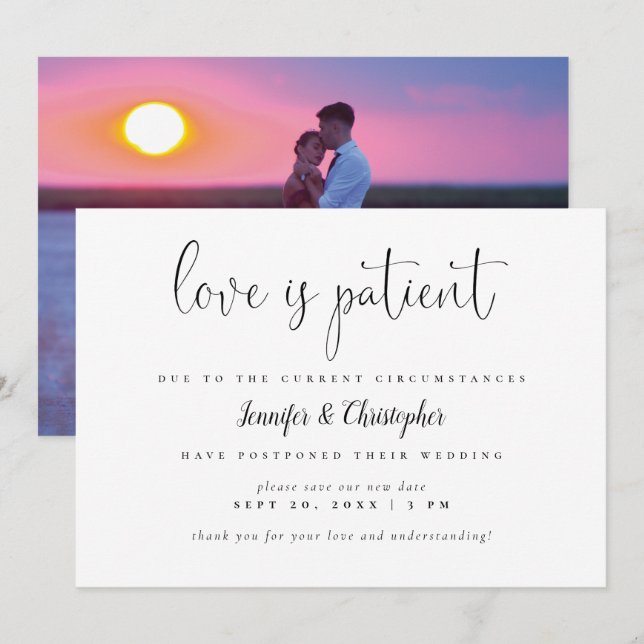 Love Is Patient Script Photo Wedding Postponement Invitation (Front/Back)