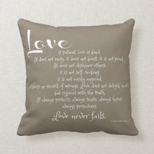Love is Patient (scripture verse) white on taupe Throw Pillow