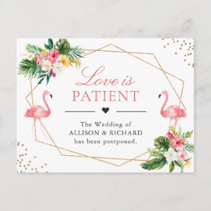 Love is Patient Tropical Flamingo Wedding New Date Postcard