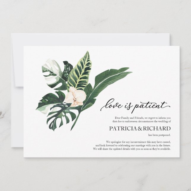 Love Is Patient Tropical Wedding Postponement Invitation (Front)