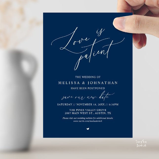 “Love Is Patient” Wedding Postpone Announcement (“Love Is Patient” Wedding Postpone Announcement Date Change Card in Navy Blue)