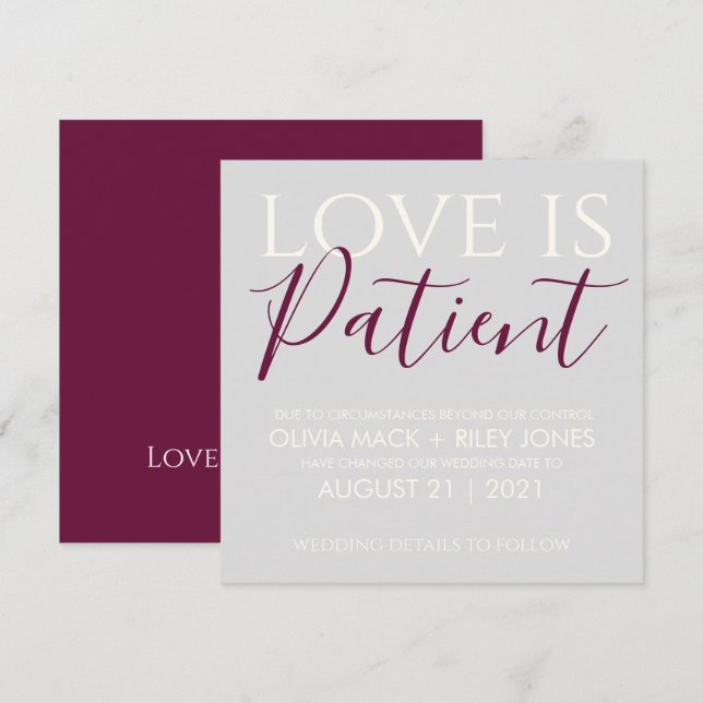Love is Patient Wedding Postponement Announcement (Front/Back)