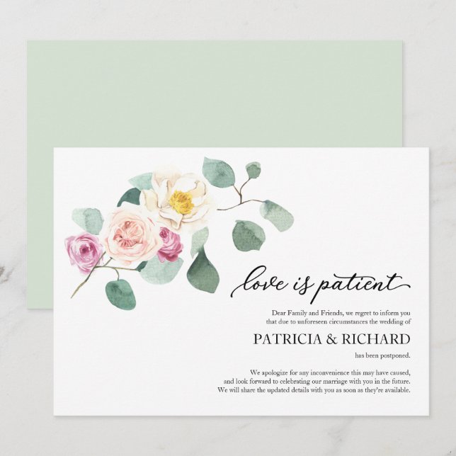 Love Is Patient Wedding Postponement Eucalyptus Invitation (Front/Back)
