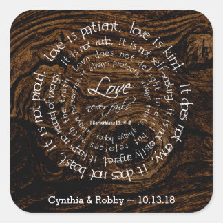 Love is Patient Wood Grain Circular Text Wedding Square Sticker
