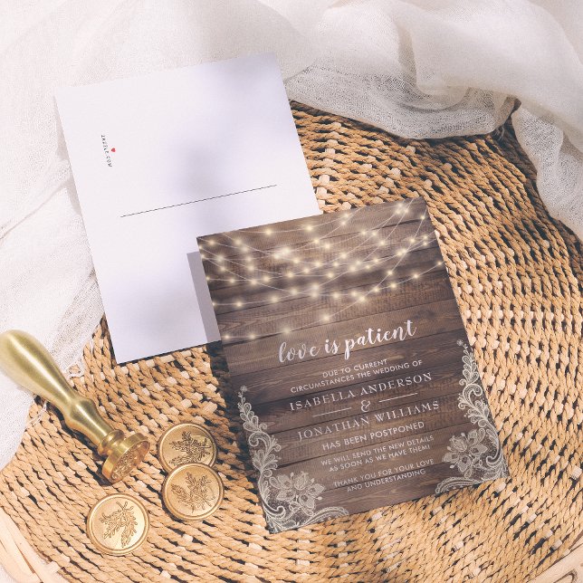 Love Is Patient Wood, String Lights & Lace Wedding Invitation Postcard (Creator Uploaded)