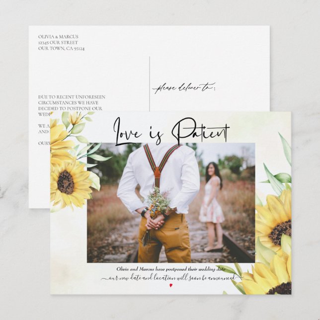 Love is Patient Yellow Sunflowers Postponement Postcard (Front/Back)