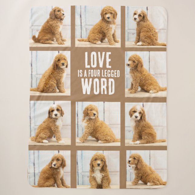 LOVE IS | Photo Collage Puppy on Brown  Sherpa Blanket (Front)