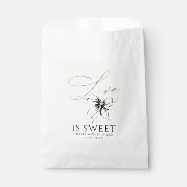 Love is Sweet Black Bow Gold Script Thank You Favour Bag (Front)