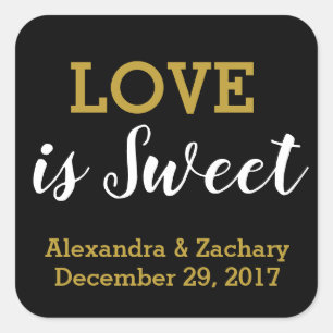 Love is Sweet Black Gold Wedding Engagement Favour Square Sticker