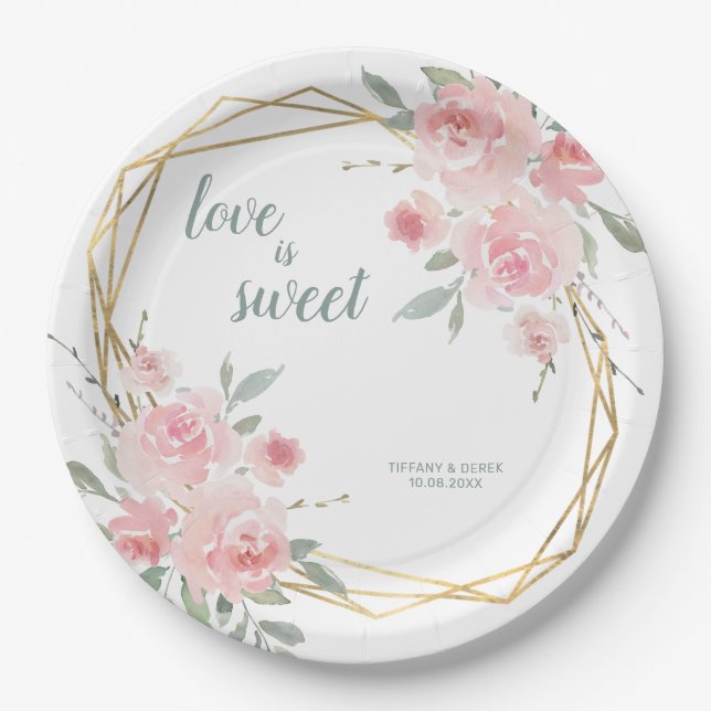 Love is Sweet Blush Floral Geometric Wedding Paper Plate (Front)