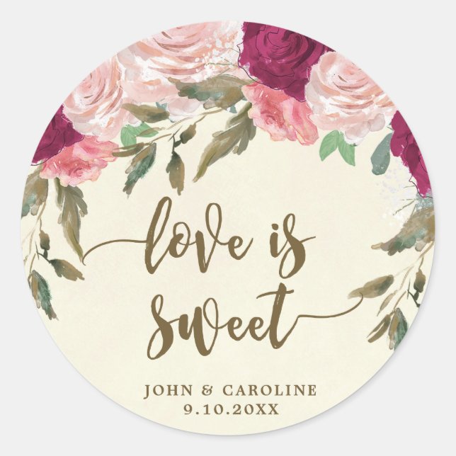 love is sweet burgundy floral wedding sticker (Front)
