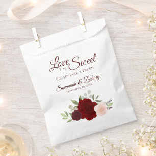 Love is Sweet Burgundy Red & Pink Floral Wedding Favour Bag