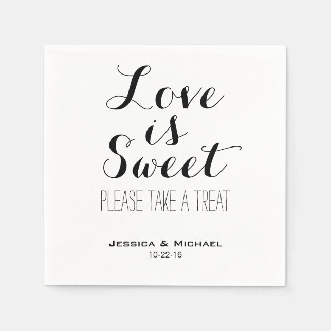 Love is sweet custom black and white wedding napkin (Front)