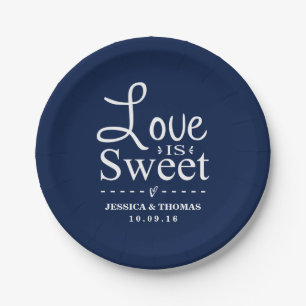 Love Is Sweet! Custom Navy Blue Wedding Paper Plate