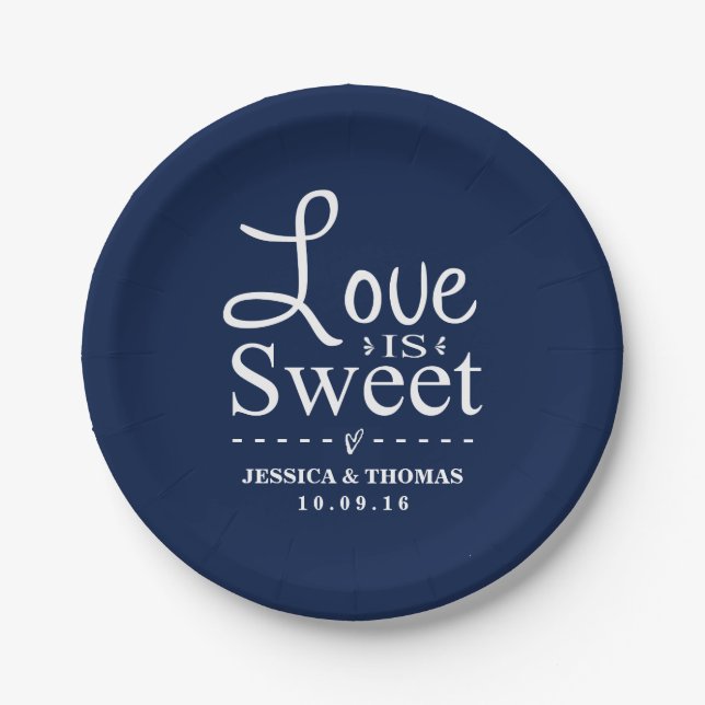 Love Is Sweet! Custom Navy Blue Wedding Paper Plate (Front)