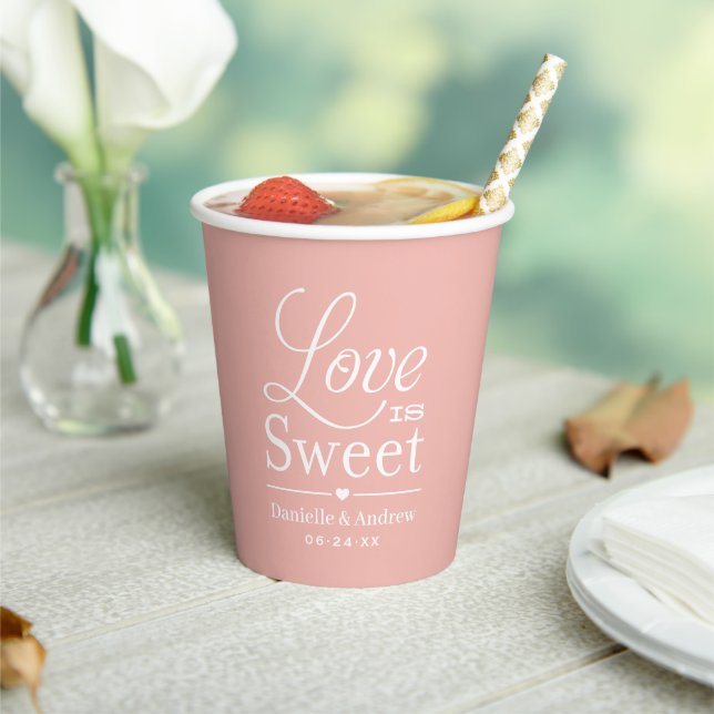 Love is Sweet Custom Rose Gold Wedding Monogram Paper Cups (Insitu)