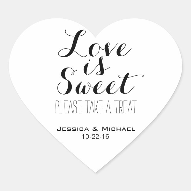 Love is sweet custom wedding candy buffet favour heart sticker (Front)