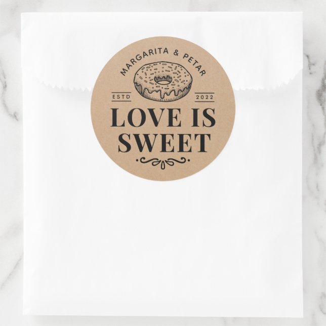 Love is Sweet Doughnut Rustic Wedding Kraft Classic Round Sticker (Bag)