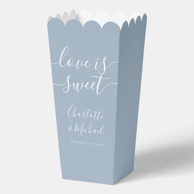Love Is Sweet Dusty Blue Wedding Popcorn Favor Box (Front)