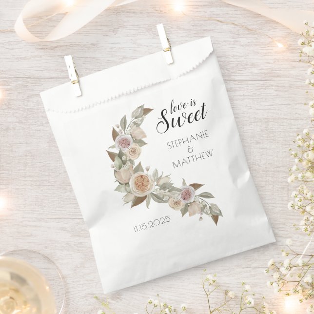 Love Is Sweet Dusty Pink Peach Roses Wedding Favour Bag (Clipped)