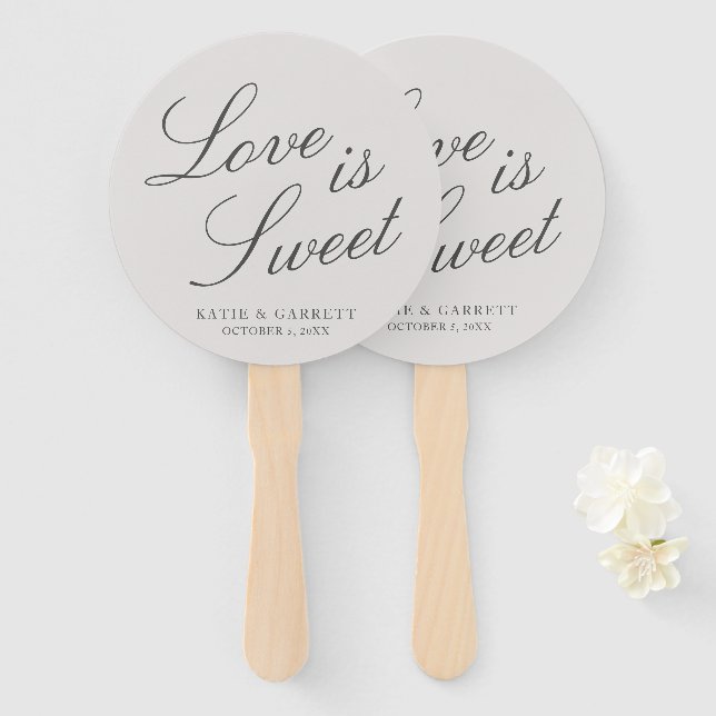 Love Is Sweet Elegant Grey Wedding Hand Fan (Front and Back)