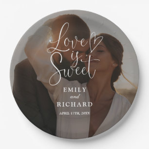 Love Is Sweet Elegant Modern Wedding Photo Paper Plate