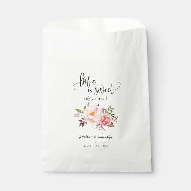 Love is sweet enjoy a treat pink floral wedding favour bag (Front)