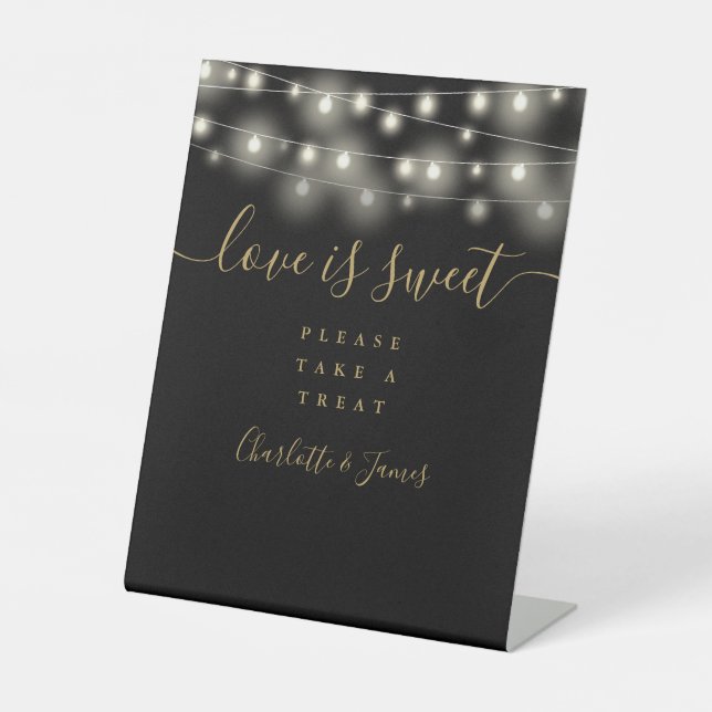 Love Is Sweet Favor String Lights Black And Gold Pedestal Sign (Front)