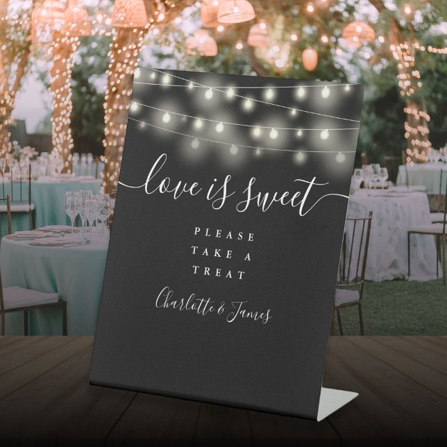 Love Is Sweet Favor String Lights Black And White Pedestal Sign (Love Is Sweet Favor String Lights Black And White Pedestal Sign)