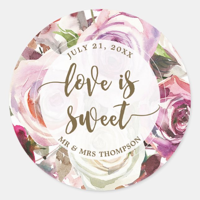 love is sweet floral purple roses favor sticker (Front)