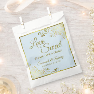 Love is Sweet Gold Lace on Powder Blue Wedding Favour Bag