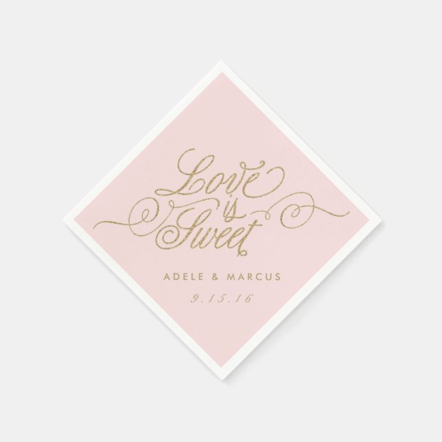 "Love is Sweet" Gold & Pink Wedding Napkins (Corner)