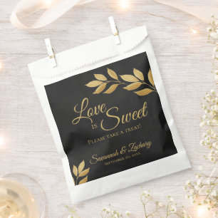 Love is Sweet Golden Leaves on Black Wedding Favour Bag
