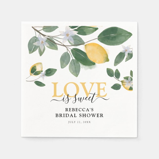 'Love is Sweet' Lemon & Greenery Bridal Shower Napkin (Front)