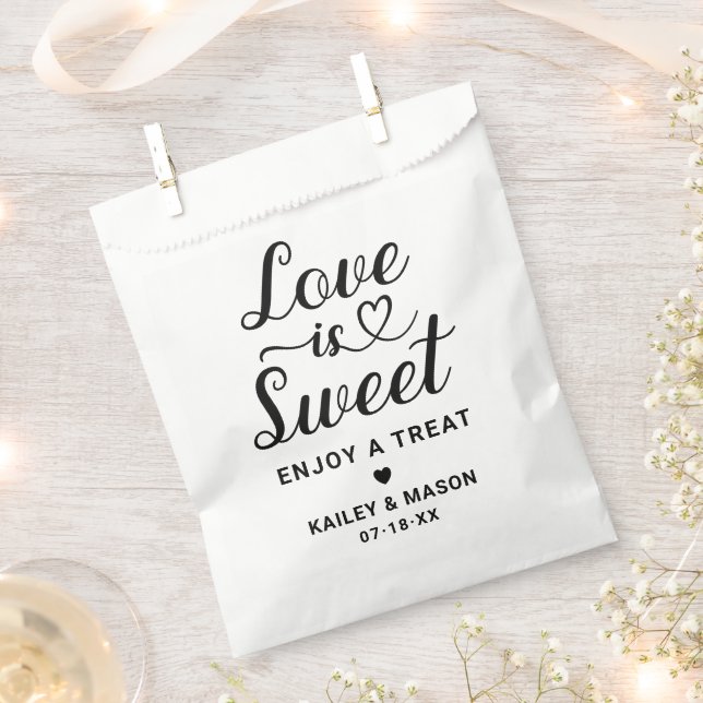Love is Sweet Modern Black Heart Script Wedding Favour Bag (Clipped)