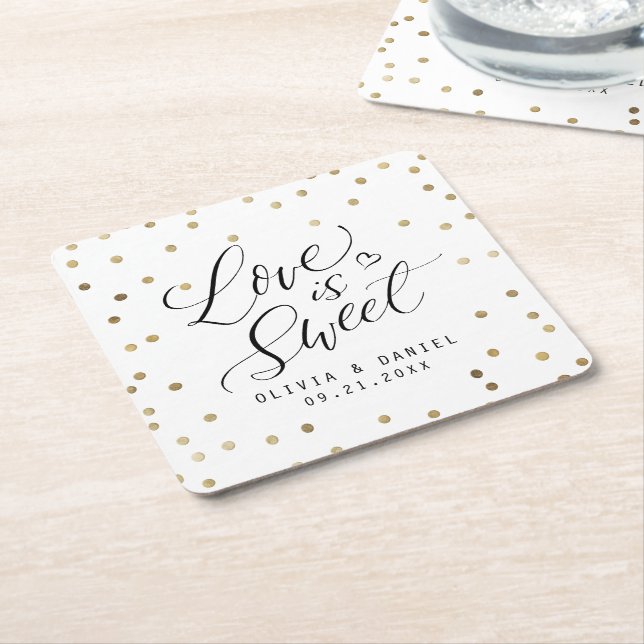 "love is sweet" modern calligraphy wedding square paper coaster (Angled)