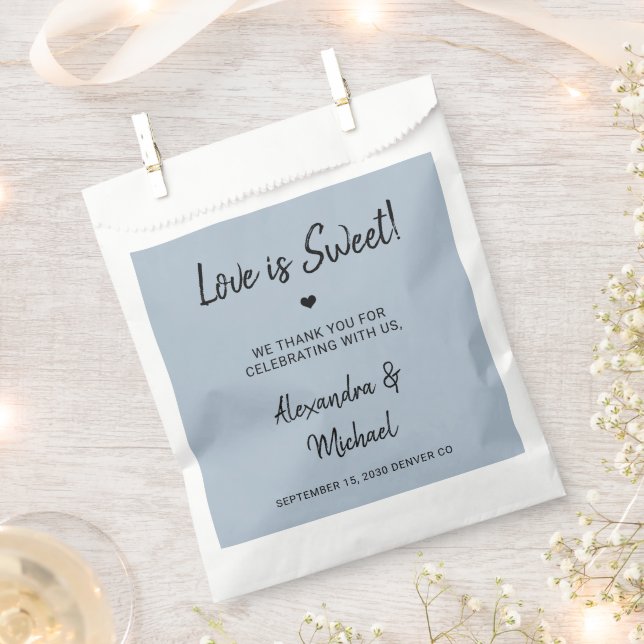 Love is sweet modern dusty blue wedding favour bag (Clipped)