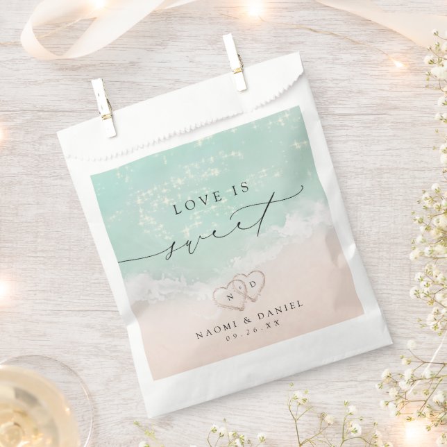 Love is Sweet Modern Script Beach Sand Hearts  Favour Bag (Clipped)