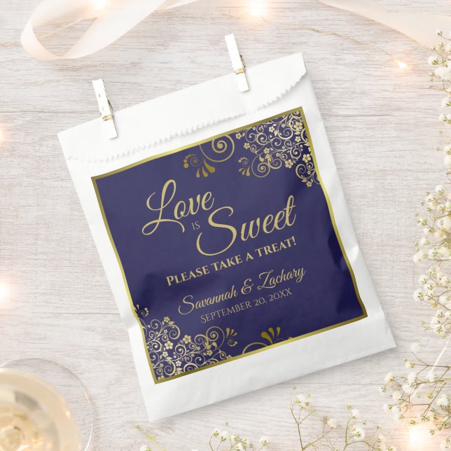 Love is Sweet Navy Blue & Gold Lace Wedding Favour Bag (Clipped)
