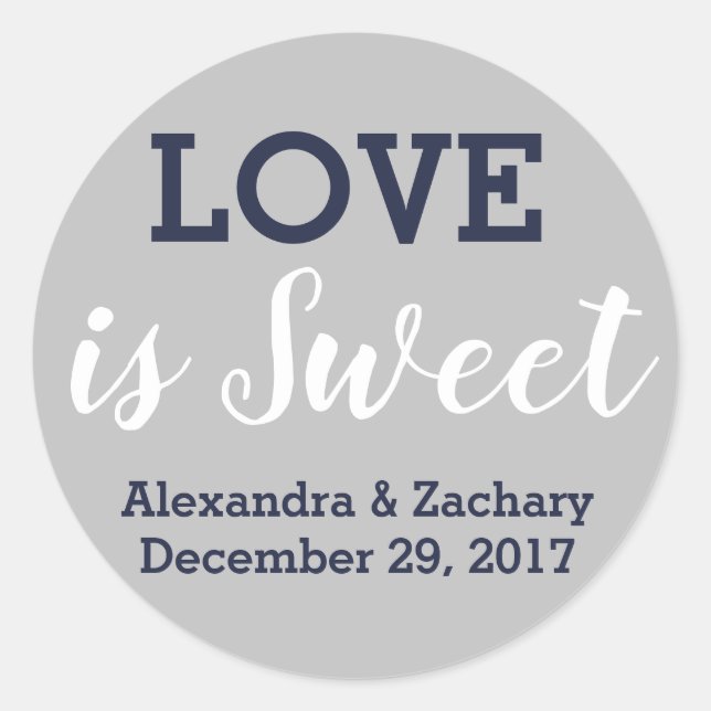 Love is Sweet Navy Blue Silver Wedding Engagement Classic Round Sticker (Front)