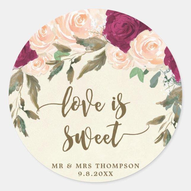 love is sweet peach burgundy favour sticker (Front)