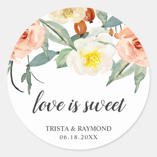 Love Is Sweet Peach Floral Wedding Favour Classic Round Sticker (Front)