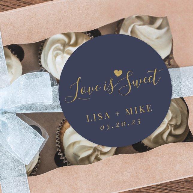Love is Sweet Personalized Wedding Favour Navy Blu Classic Round Sticker (Creator Uploaded)