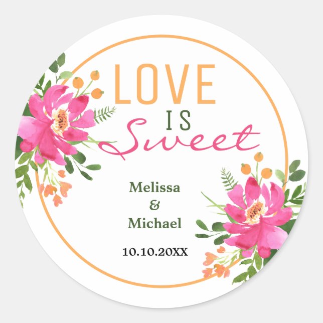 Love Is Sweet Pink Floral Wedding Favour Classic Round Sticker (Front)