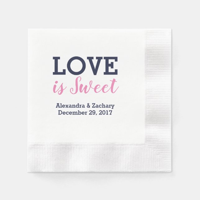 Love Is Sweet Pink Navy Blue Wedding Engagement Napkin (Front)