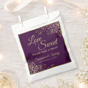 Love is Sweet Plum Purple & Gold Lace Wedding Favour Bag