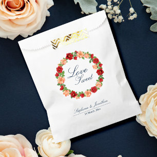 Love is Sweet Red Rose Burnt Orange Floral Wedding Favour Bag