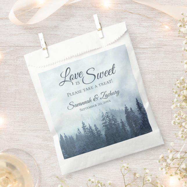 Love is Sweet Rustic Blue Pine Trees Wedding Favour Bag (Clipped)